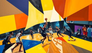 A cubist-style painting depicting a basketball game between the Sacramento Kings and Golden State Warriors, with the players