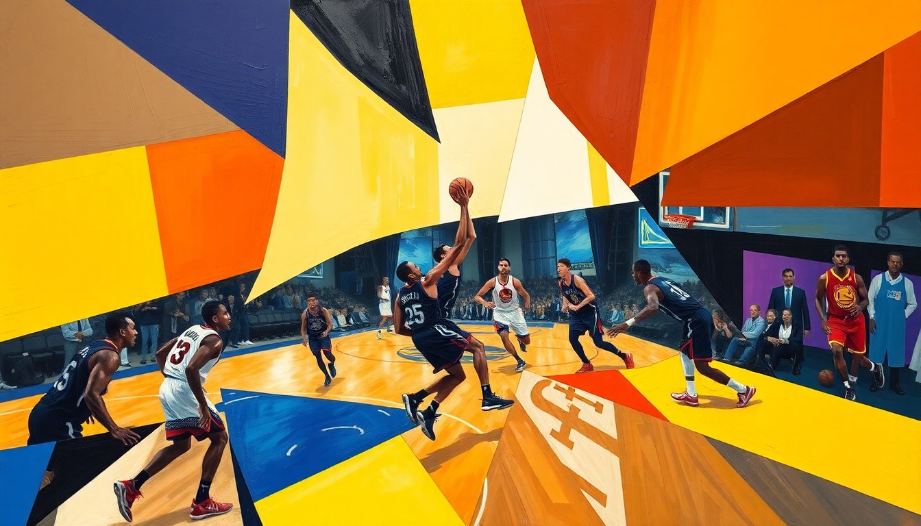 A cubist-style painting depicting a basketball game between the Sacramento Kings and Golden State Warriors, with the players