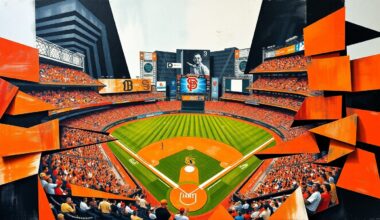 A fractured, cubist-style painting depicting a baseball game, with sharp geometric shapes and planes of orange, black, and white colors representing the dynamic action on the field.