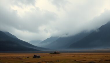 A vast, atmospheric landscape painting depicting a dramatic, fog-shrouded mountain range in Kern County, with a small farmhouse or barn in the foreground, conveying a sense of the overwhelming scale and power of the natural environment.