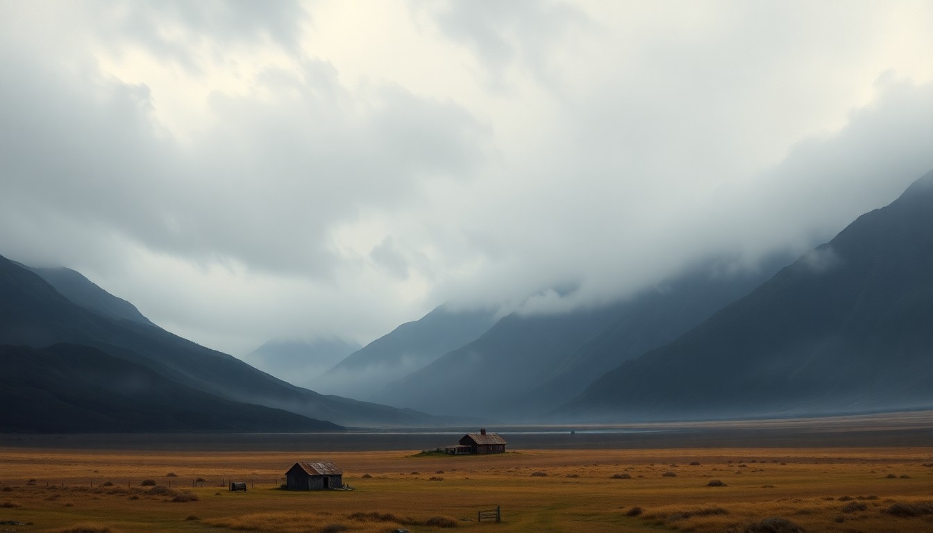 A vast, atmospheric landscape painting depicting a dramatic, fog-shrouded mountain range in Kern County, with a small farmhouse or barn in the foreground, conveying a sense of the overwhelming scale and power of the natural environment.
