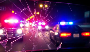 An extreme close-up photograph of shattered car window glass reflecting the flashing lights of emergency vehicles, conceptually illustrating the aftermath of a high-speed police pursuit and officer-involved shooting.