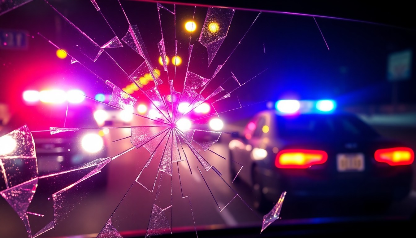 An extreme close-up photograph of shattered car window glass reflecting the flashing lights of emergency vehicles, conceptually illustrating the aftermath of a high-speed police pursuit and officer-involved shooting.