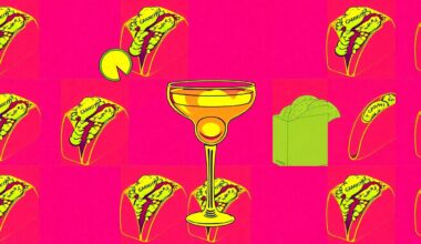 A high-contrast, silkscreen-style illustration of a margarita glass repeated in a grid pattern, using vibrant neon colors and bold black outlines to create a modern, pop art interpretation of a Mexican cocktail.