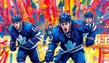 An abstract, expressionist painting in neon colors depicting the chaotic energy of a hockey game, with players