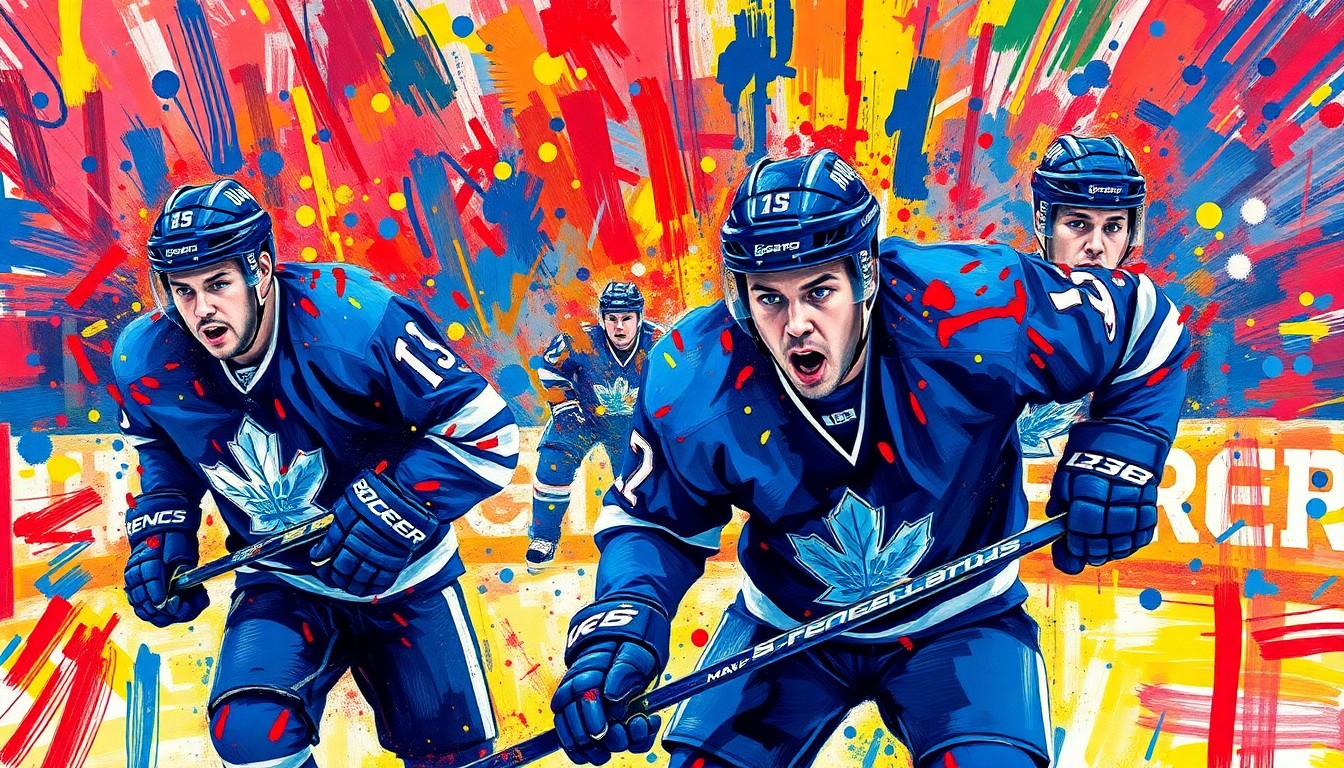An abstract, expressionist painting in neon colors depicting the chaotic energy of a hockey game, with players