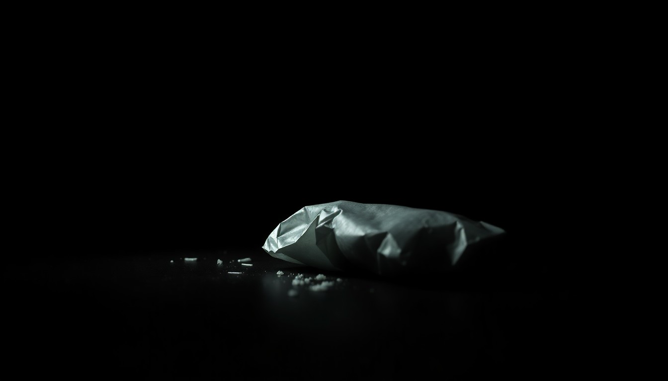 An extreme close-up photograph of a single, unidentified crime scene object, such as a broken window or a discarded item, lit by a harsh, direct camera flash against a pitch-black background, conceptually representing the investigation into a violent incident.