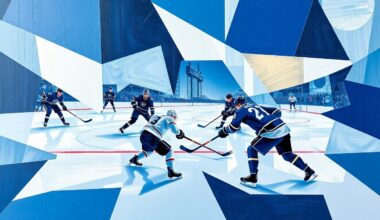 A cubist, geometric painting depicting an abstract ice hockey game, with the players