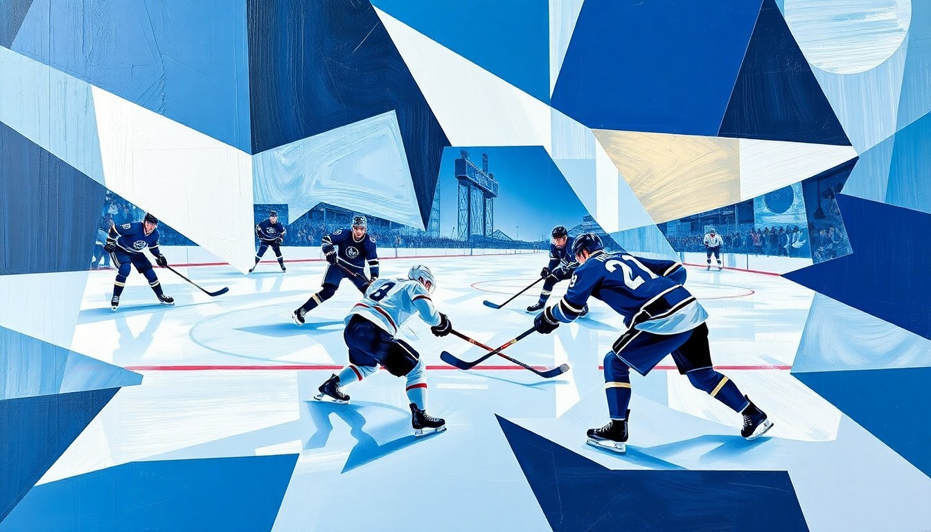 A cubist, geometric painting depicting an abstract ice hockey game, with the players
