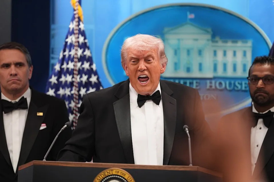 President Donald Trump speaks at a press conference at the White House after the shooting on April 25, 2026. AP