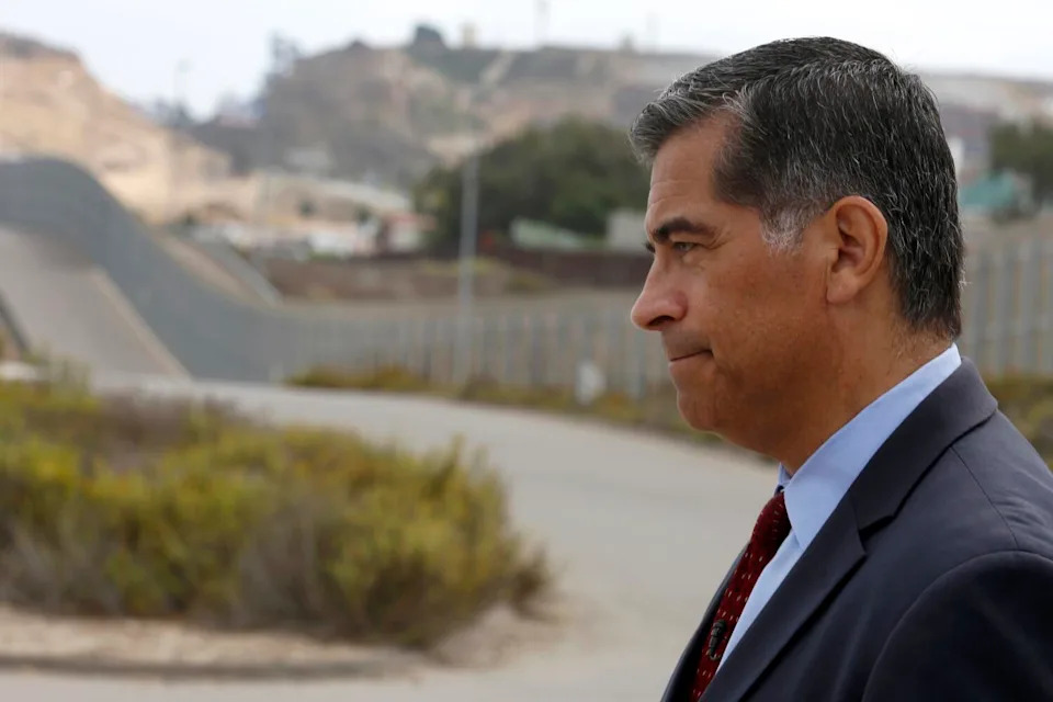 Atty. Gen. Xavier Becerra holds a news conference in Border Field State Park in San Diego in 2017.
