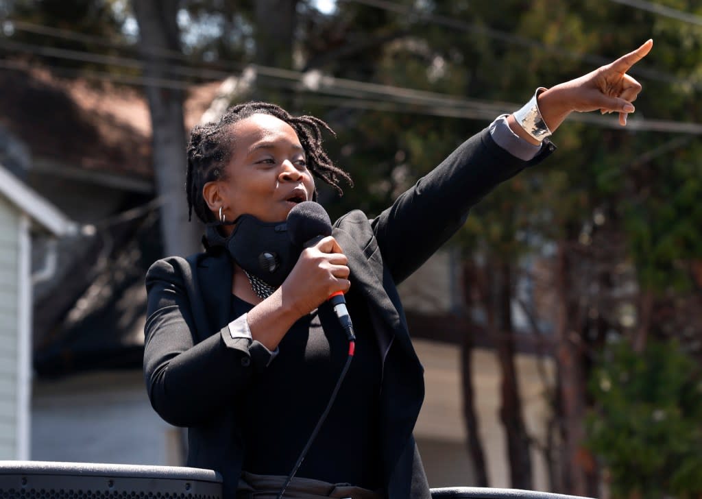 Carroll Fife, a candidate for the Oakland City Council District 3 seat, speaks to supporters during a brief rally. San Francisco Chronicle via Getty Images