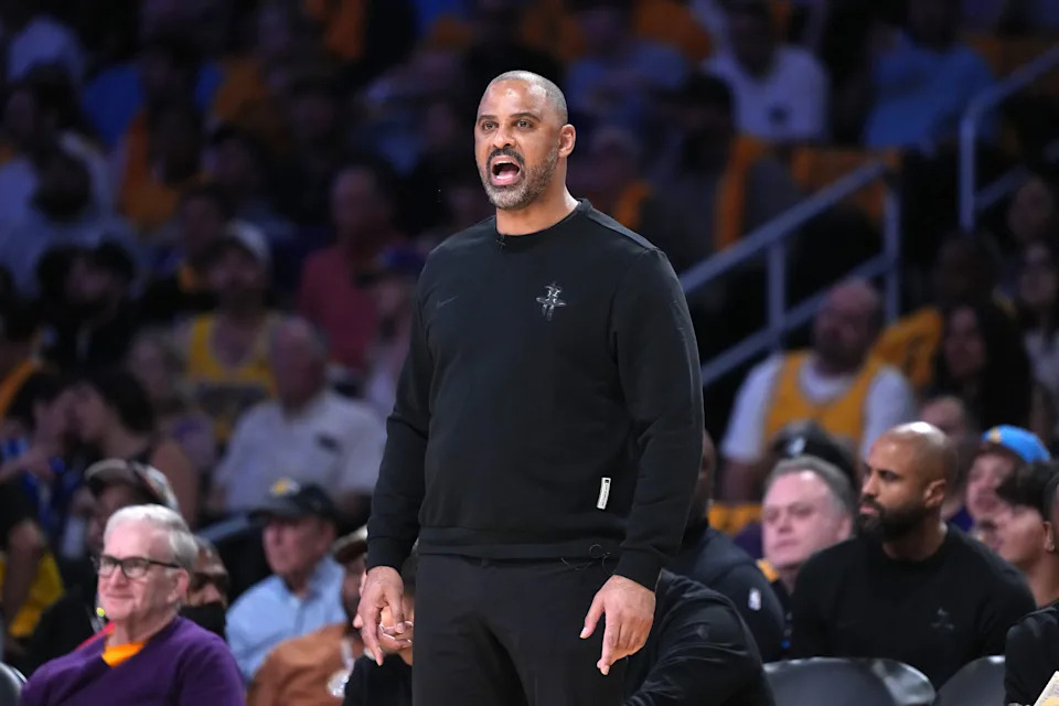 Apr 18, 2026; Los Angeles, California, USA; Houston Rockets head coach Ime Udoka watches in the first half against the Los Angeles Lakers during game one of the first round of the 2026 NBA Playoffs at Crypto.com Arena. Mandatory Credit: Kirby Lee-Imagn Images