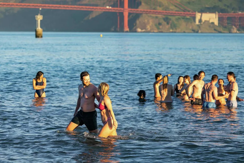 Members of the Salty Dogs Club have typically gathered for a chilly plunge on Friday mornings, but now the future of the group is unclear. (Jana Ašenbrennerová/For the S.F. Chronicle)