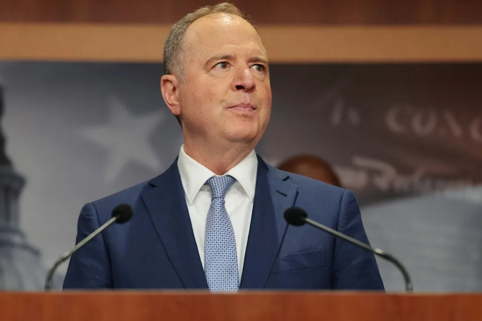 Sen. Adam Schiff speaking at a press conference on the Iran War Powers Resolution. Getty Images