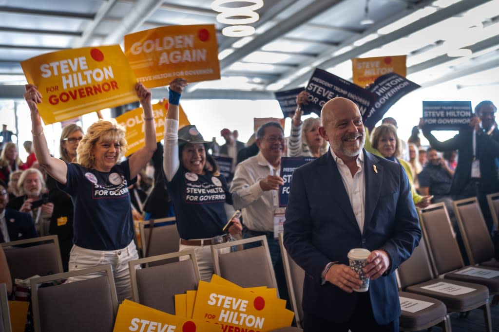 Supporters cheer for California gubernatorial candidate Steve Hilton at the California Republican Party Convention in San Diego, Saturday, April 11, 2026. AP