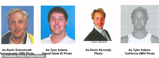 Adams's various aliases and appearances are pictured in a police handout. His different looks have fueled suspicion that he has undergone plastic surgery
