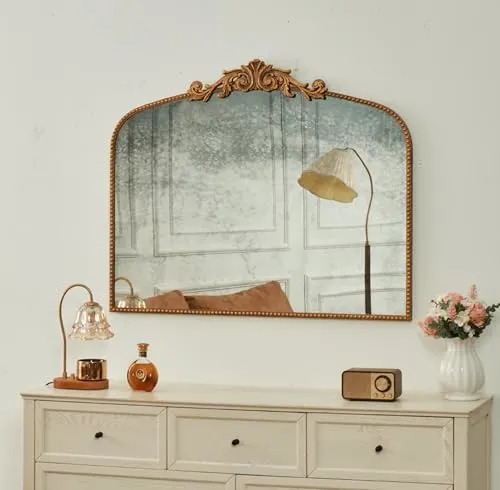 Arched Vertical Antique Mirror With Elegant Vintage Design Gold Metal Frame - 40