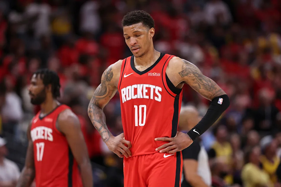 Apr 24, 2026; Houston, Texas, USA; Houston Rockets forward Jabari Smith Jr. (10) reacts after a play during overtime against the Los Angeles Lakers during game three of the first round of the 2026 NBA Playoffs at Toyota Center. Mandatory Credit: Troy Taormina-Imagn Images