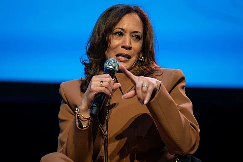 Former Vice President Kamala Harris speaks at an event promoting her latest book in Town Hall, New York, Sept. 24, 2025. (AP Photo/Angelina Katsanis)