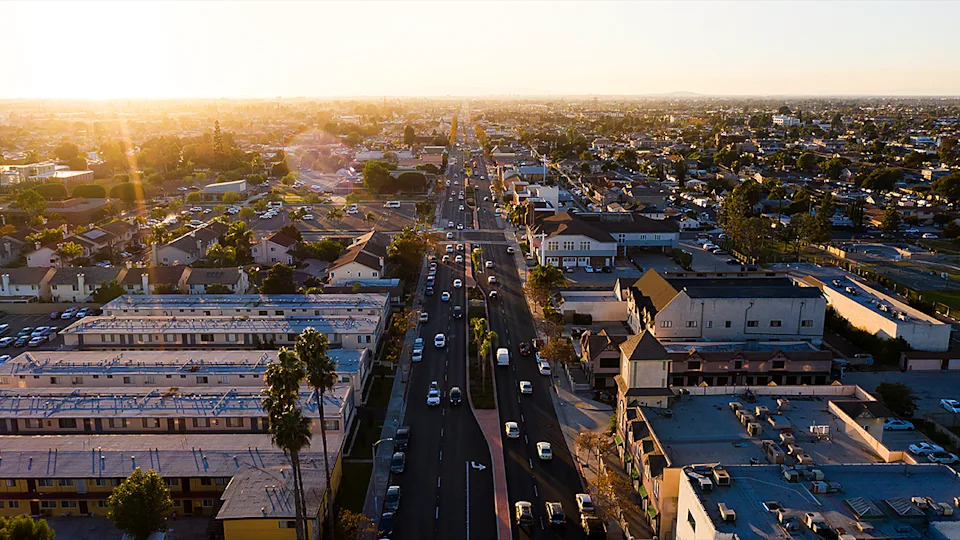 Sunset aerial view of the downtown district of Westminster, California, USA.