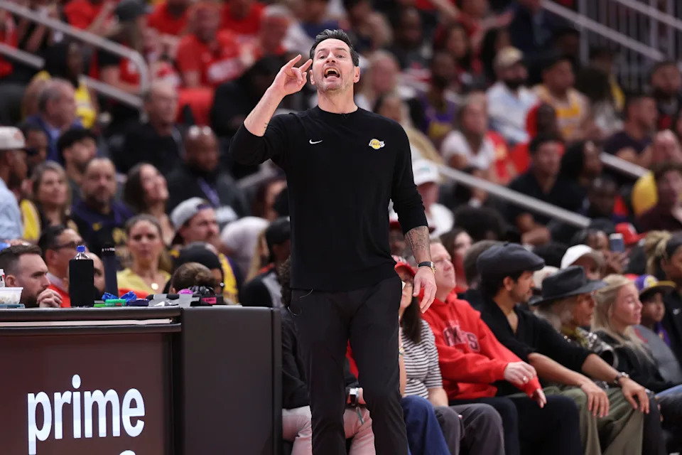 Apr 24, 2026; Houston, Texas, USA; Los Angeles Lakers Head Coach JJ Redick reacts during the third quarter against the Houston Rockets during game three of the first round of the 2026 NBA Playoffs at Toyota Center. Mandatory Credit: Troy Taormina-Imagn Images