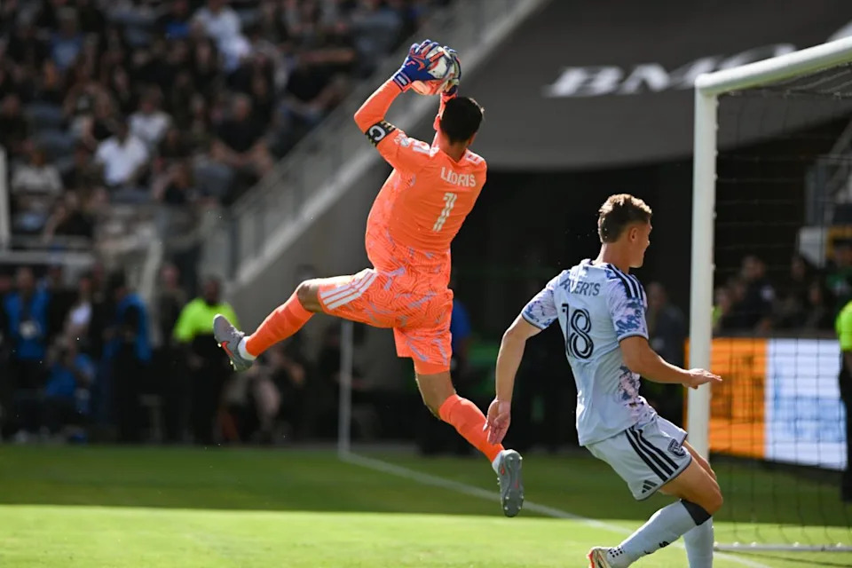 LAFC goalkeeper Hugo Lloris (1) makes a save during an MLS game between LAFC and San Jose Earthquakes on Sunday, April 19, 2026 at BMO Stadium In Los Angeles Calif at BMO Stadium in Los Angeles Calif