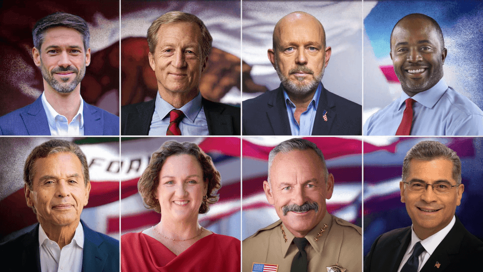 Photo shows the eight top polling candidates who are slated to face off in the CBS California Governor's Debate on Tues., April 28, 2026. (CBS Los Angeles)
