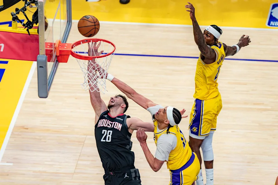 Houston Rockets center Alperen Sengun (28) leaping for a lay up during an NBA basketball game against the Los Angeles Lakers on April 18th, 2026 in Los Angeles, CA.