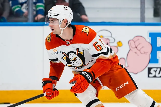 Mar 24, 2026; Vancouver, British Columbia, CAN; Anaheim Ducks forward Cutter Gauthier (61) skates against the Vancouver Canucks in the third period at Rogers Arena.