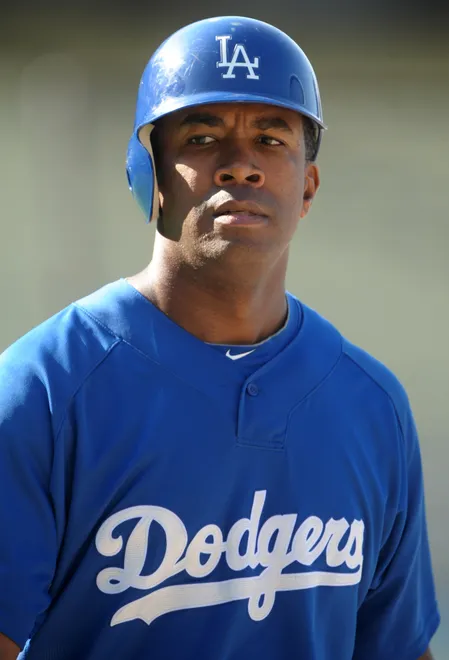 Jul 9, 2010; Los Angeles, CA, USA; Los Angeles Dodgers left fielder Garret Anderson (9) before the game against the Chicago Cubs at Dodger Stadium.