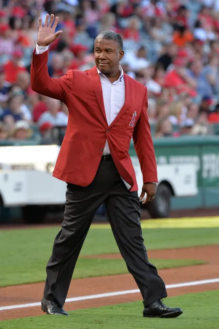 Aug 26, 2017; Anaheim, CA, USA; Los Angeles Angels former player Garret Anderson waves during the ceremony to induct Vladimir Guerrero (not pictured) into the Angels hall of fame before the game against the Houston Astros at Angel Stadium of Anaheim.