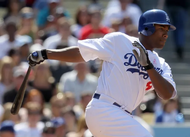 LOS ANGELES, CA - MAY 09: Garret Anderson #9 of the Los Angeles Dodgers bats against the Colorado Rockies at Dodger Stadium on May 9, 2010 in Los Angeles, California.