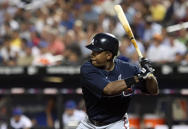 NEW YORK - AUGUST 19: Garret Anderson #18 of the Atlanta Braves bats against the New York Mets on August 19, 2009 at Citi Field in the Flushing neighborhood of the Queens borough of New York City.