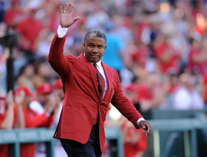 August 20, 2016; Anaheim, CA, USA; Former Los Angeles Angels player Garret Anderson acknowledges spectators before being introduced for induction into the Angels hall of fame at Angel Stadium of Anaheim.