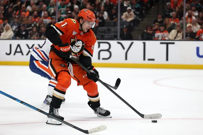 Apr 24, 2026; Anaheim, California, USA; Anaheim Ducks left wing Cutter Gauthier (61) skates with the puck during the second period against the Edmonton Oilers in game three of the first round of the 2026 Stanley Cup Playoffs at Honda Center.