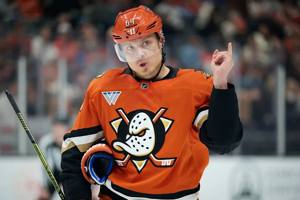 The Anaheim Duck’s Mikael Granlund #64 calls a play during an NHL game against the Vancouver Canucks, April 12th, 2026 in Anaheim California.