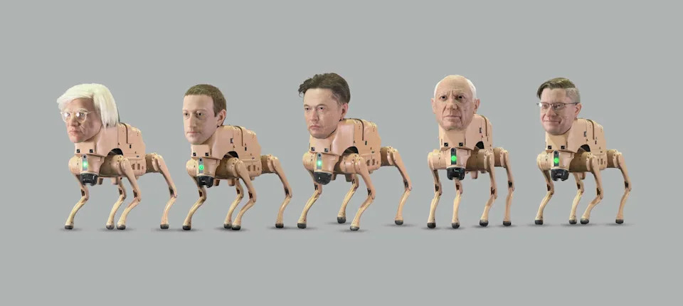"Regular Animals" also includes robot dog versions of Mark Zuckerberg, Jeff Bezos and Beeple himself. (Courtesy of NODE)