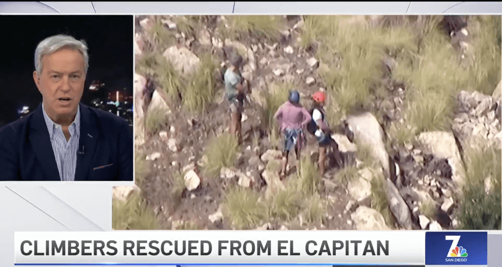Split screen image of a news anchor reporting on three mountain climbers who were rescued from El Capitan.