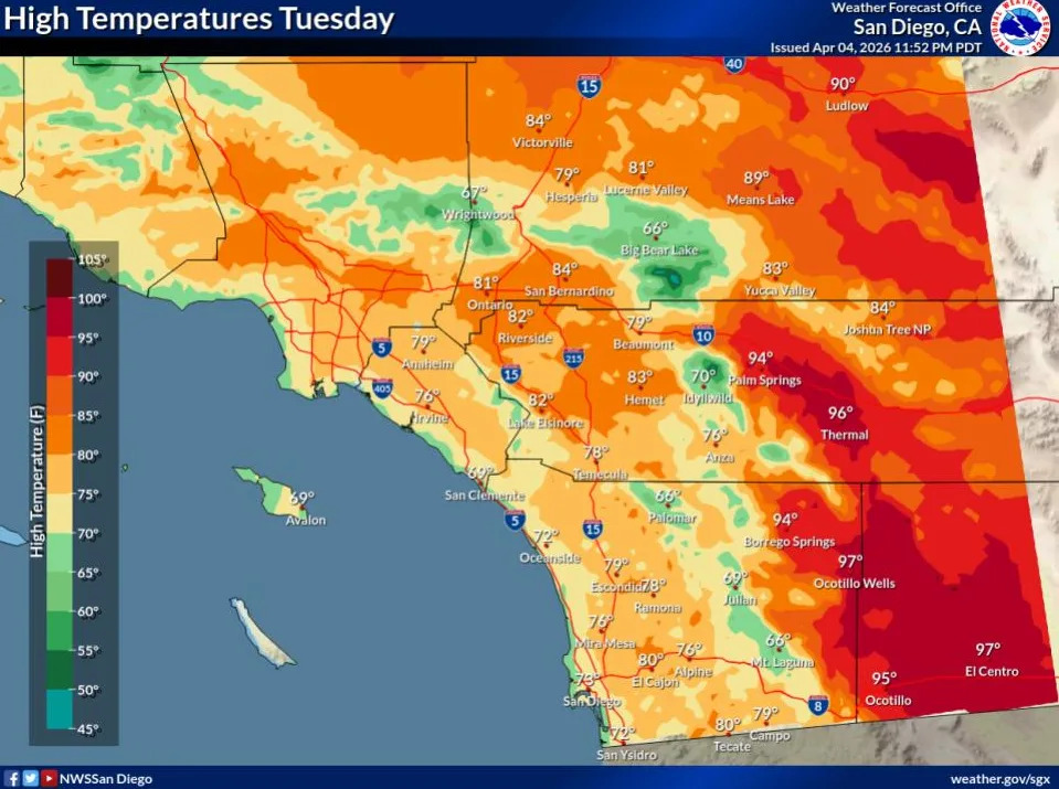 Temperatures on Tuesday will be similar to Monday with highs around 5-10 degrees above normal inland (National Weather Service)