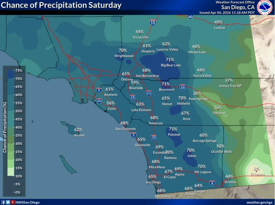 First look at precipitation chances on Saturday. Still a lot of uncertainty on rainfall amounts, with growing confidence that the best chances of rain will be Saturday (National Weather Service) 