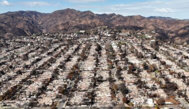 The devastation from the Palisades Fire is visible in the Pacific Palisades neighborhood of Los Angeles, Jan. 27, 2025. (AP Photo/Jae C. Hong, File)