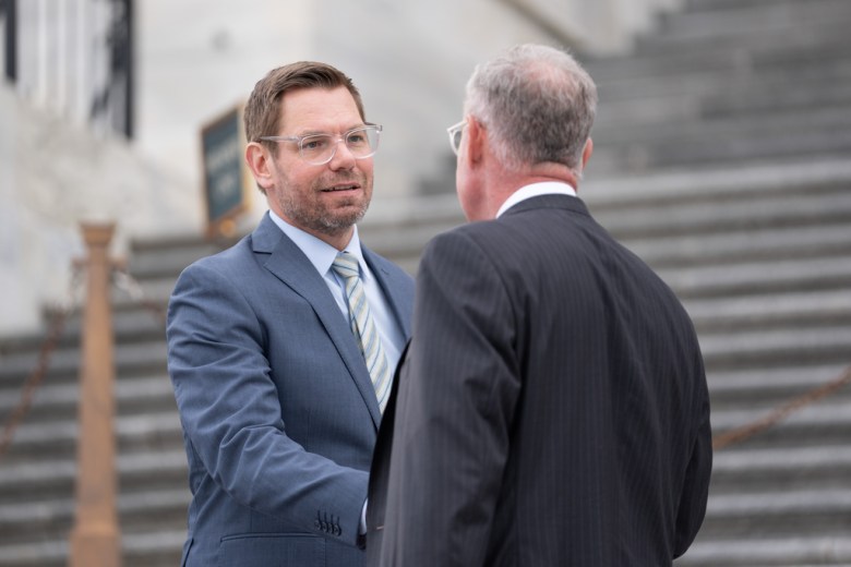 Rep. Eric Swalwell, D-Calif., departs following votes at the Capitol, Thursday, March 5, 2026, in Washington.