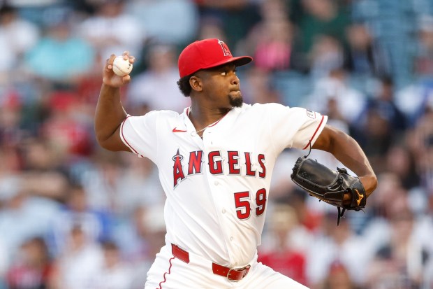 Angels starting pitcher Jose Soriano throws to the plate during the second inning of a game against the Atlanta Braves on Monday night at Angel Stadium. (AP Photo/Caroline Brehman)