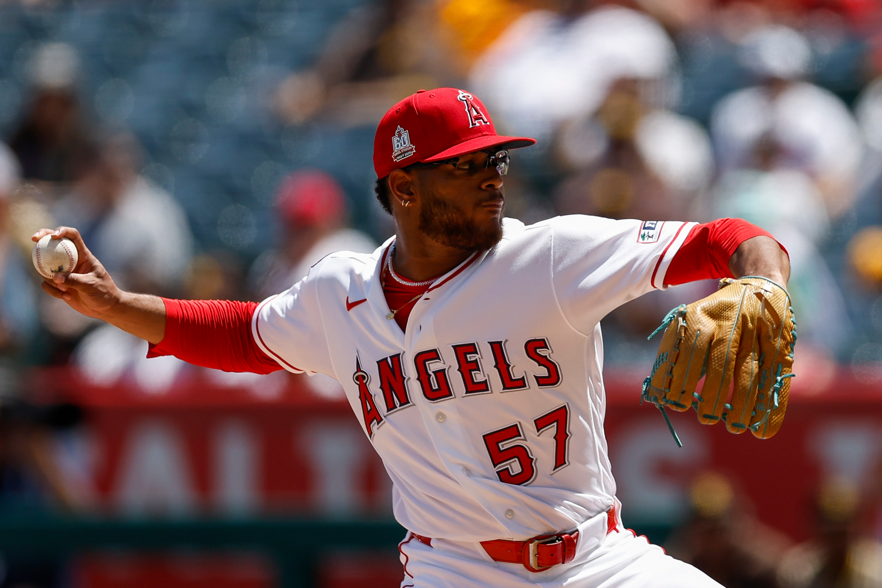 Los Angeles Angels starting pitcher Walbert Urena delivers during the...