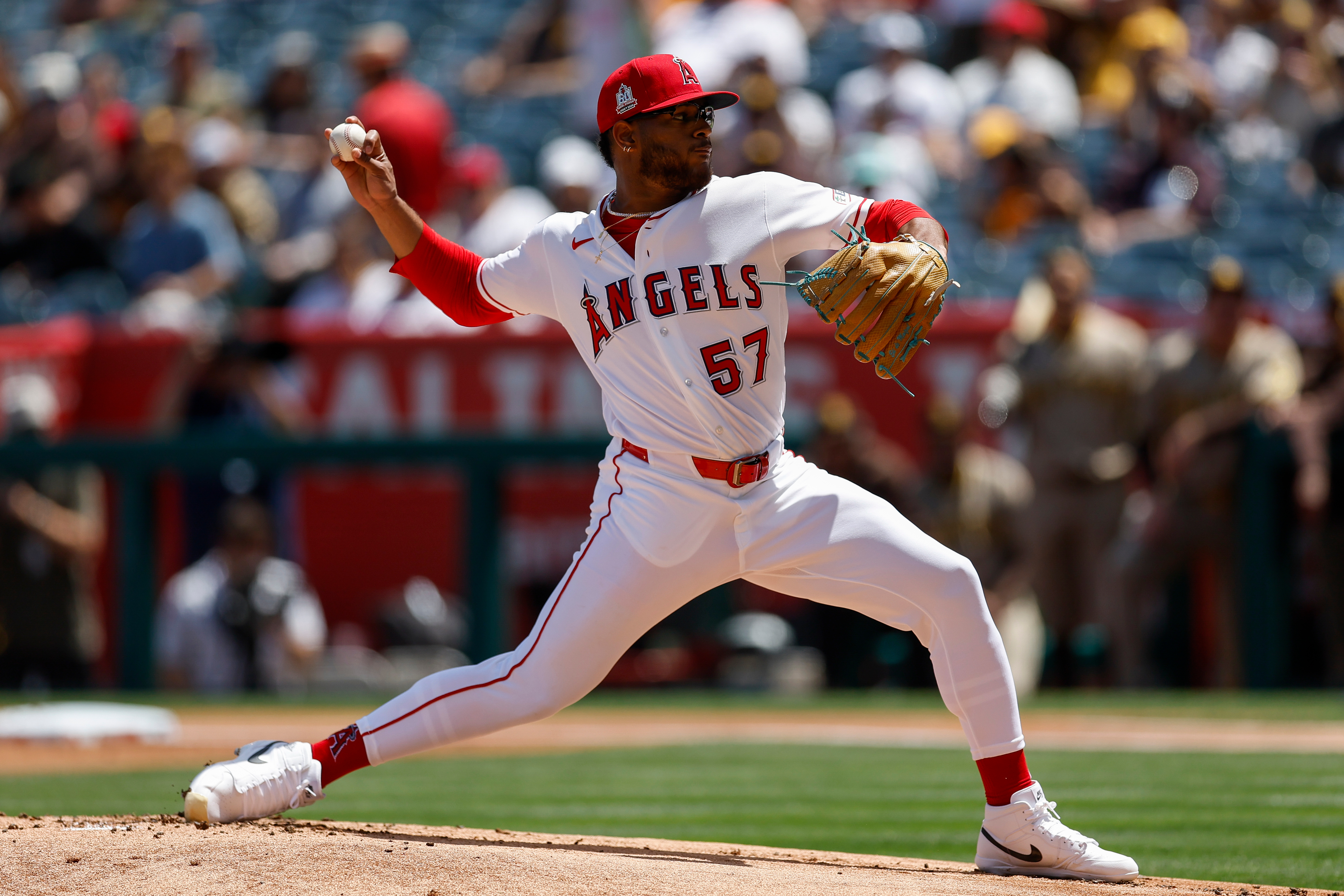 Los Angeles Angels starting pitcher Walbert Urena delivers during the...