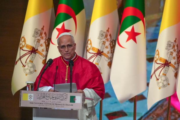 Pope Leo XIV speaks at the Djamaa el Djazair Conference Center in Algiers.
