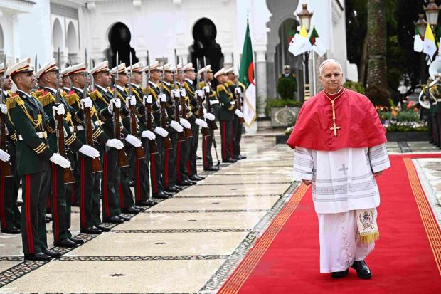 Pope Leo XIV arrives at the El Mouradia Presidential Palace in Algiers.