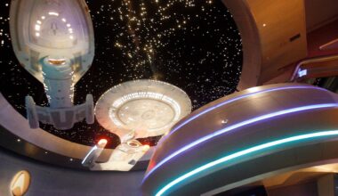 Model ships hang at the entrance to the Star Trek Experience at the Las Vegas Hilton in Las Vegas on Aug. 25, 2008. (AP Photo/Isaac Brekken, File)