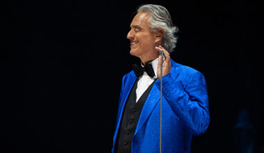 Italian tenor Andrea Bocelli performs on stage during a free concert at the Zocalo square in Mexico City on April 18, 2026.